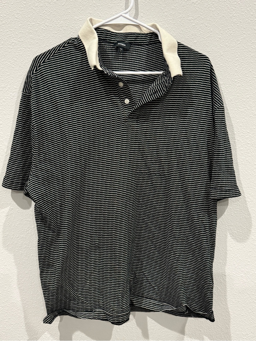 Express Black & White Striped Polo with Cream Collar